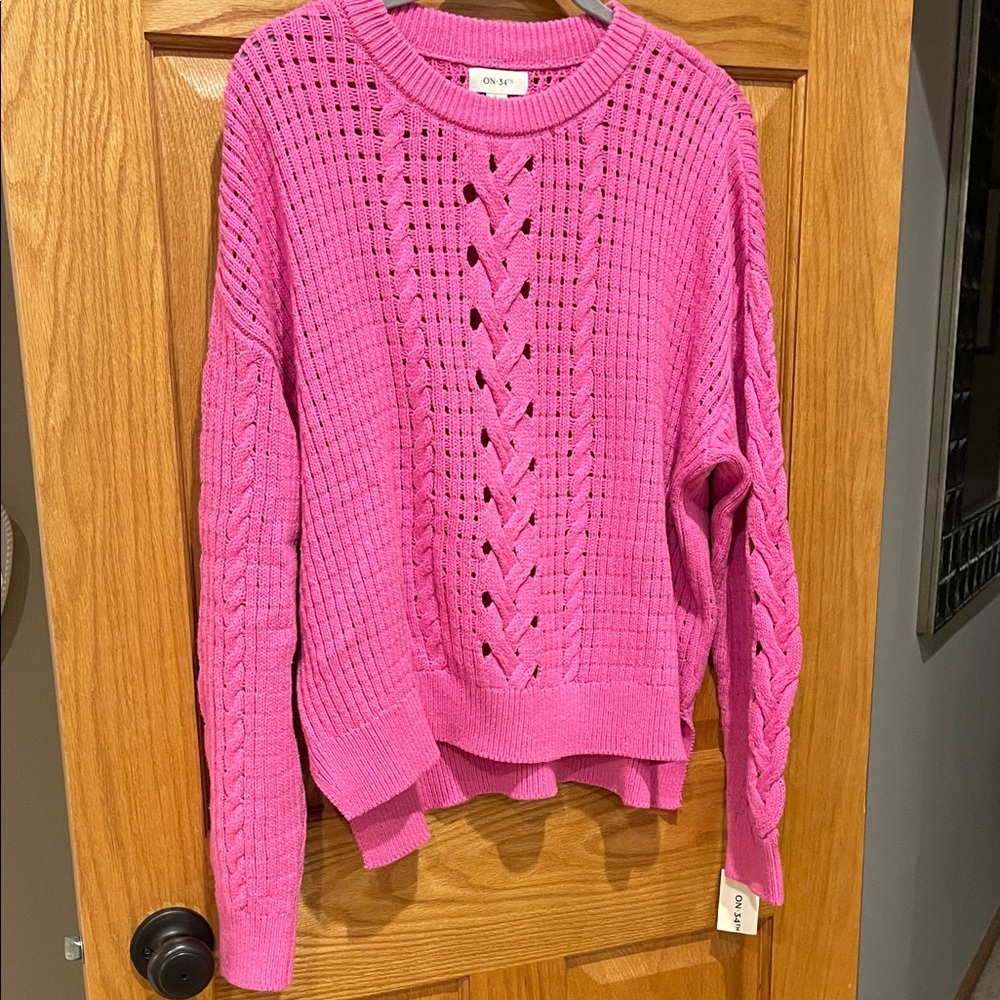ON 34th fuscia pink crew neck open weave womens large sweater NWT